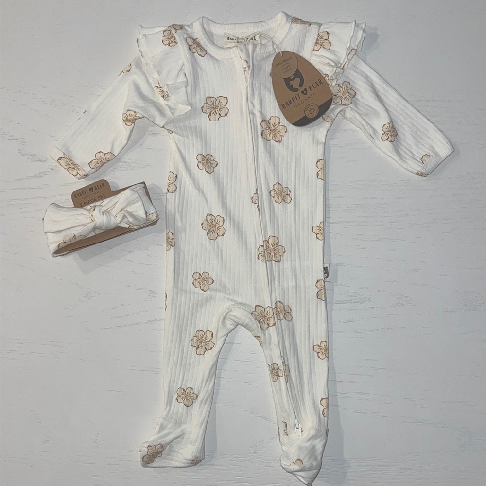 Rabbit + Bear Neutral Cream Brown Floral Footie Headband Set 0-3 3-6 6-9 months